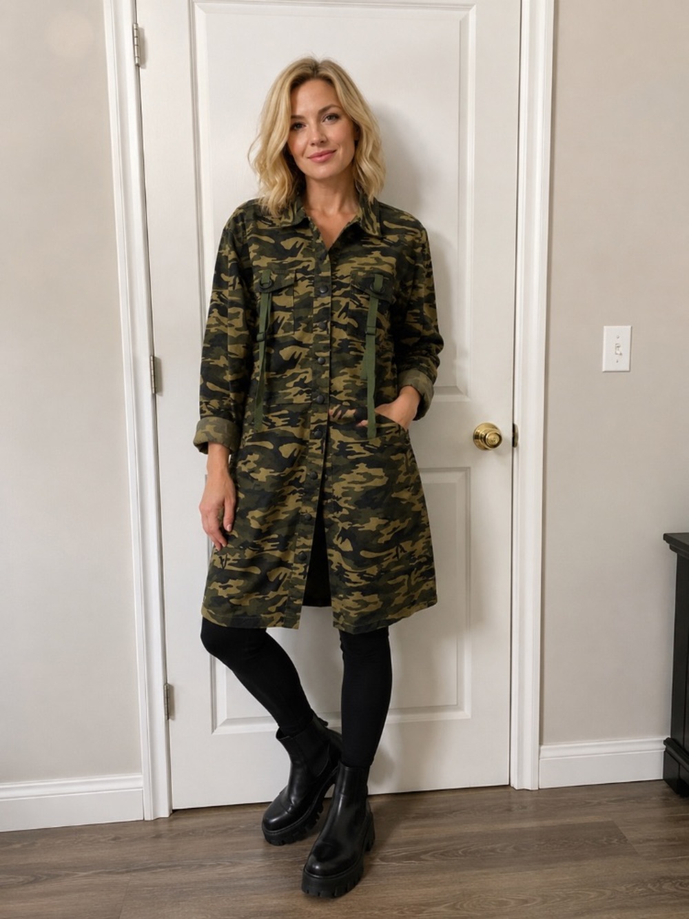 Fashion Nova Olive Camo Utility Trench Coat